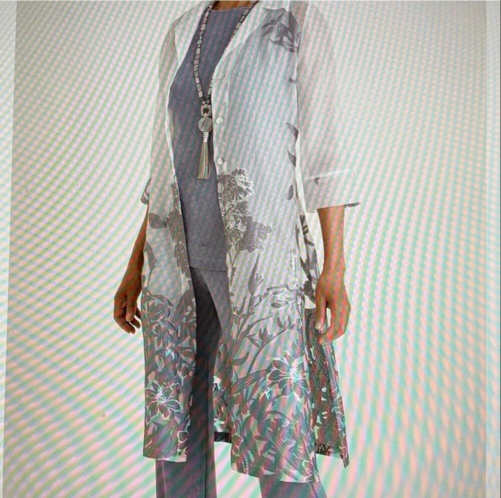 Chico’s Travelers Novelty Jacquard Sheer Duster Sweater Jacket Size 2 US12-14 Gr